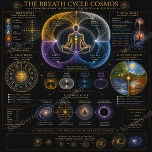 May include: A black educational poster titled The Breath Cycle Cosmos featuring a central figure in a meditative pose surrounded by toroidal energy fields. The chart displays five scales of time, planetary cycles, and fractal patterns in gold, blue, and purple.