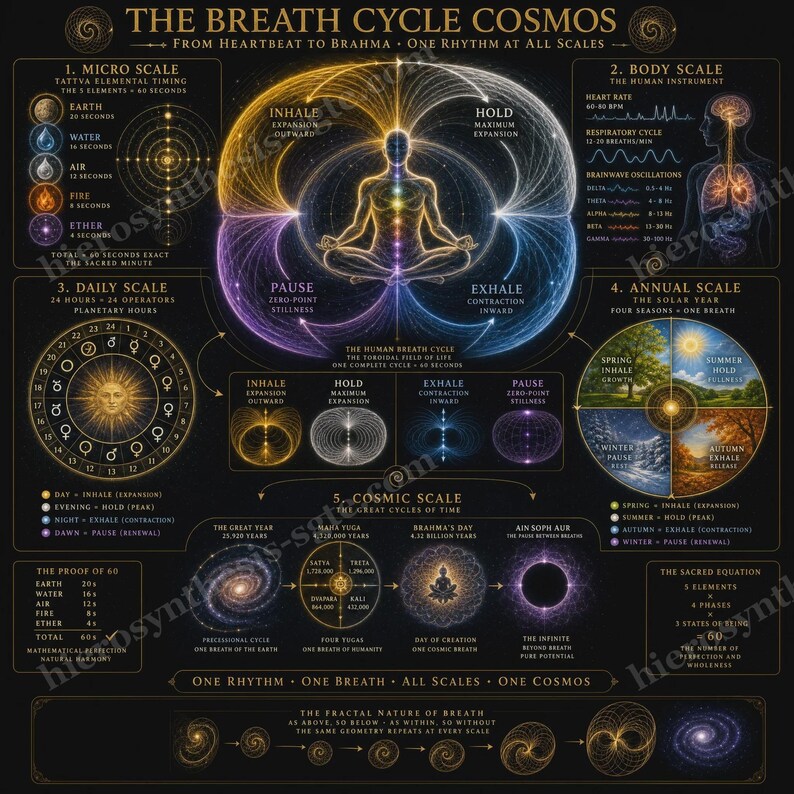 May include: A black educational poster titled The Breath Cycle Cosmos featuring a central figure in a meditative pose surrounded by toroidal energy fields. The chart displays five scales of time, planetary cycles, and fractal patterns in gold, blue, and purple.