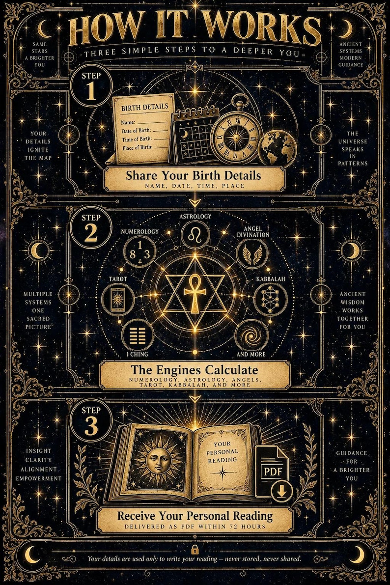 May include: A black and gold infographic titled HOW IT WORKS, detailing three steps for a personal reading. It features icons of a calendar, clock, globe, ankh, tarot card, and an open book with a sun illustration, all set against a starry background.