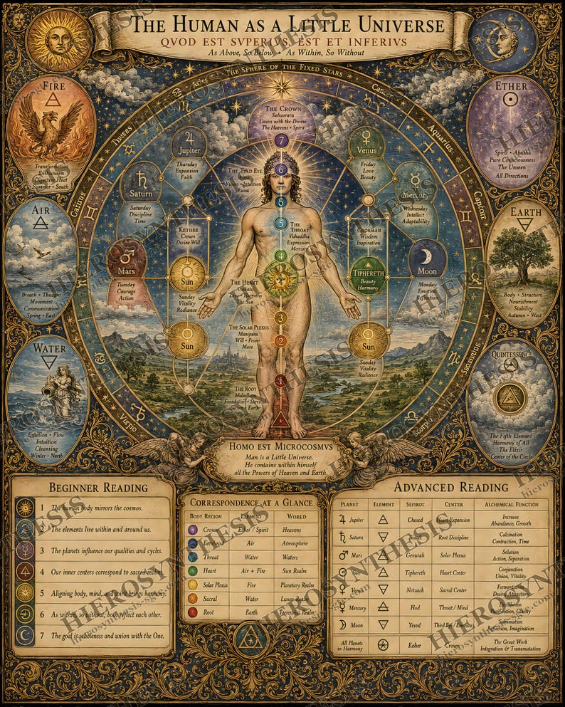 Stjärnteckens kroppskarta, väggkonst med mänskligt mikrokosmosdiagram, medeltida astrologi anatomiposter (digital, poster, inramad) bild 1