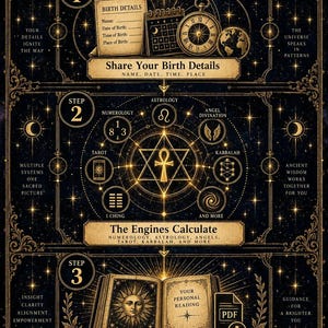 May include: A black and gold infographic titled HOW IT WORKS, detailing three steps for a personal reading. It features icons of a calendar, clock, globe, ankh, tarot card, and an open book with a sun illustration, all set against a starry background.
