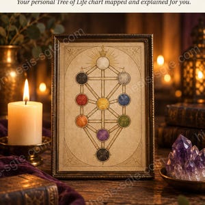 May include: A framed print featuring the Kabbalah Tree of Life diagram with ten coloured spheres connected by lines. The text reads READINGS KABBALAH, Your personal Tree of Life chart mapped and explained for you, and SEPHIROTH PATHS MEANING.