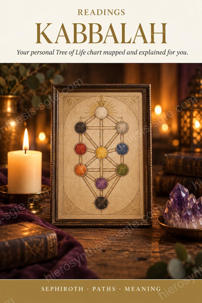 May include: A framed print featuring the Kabbalah Tree of Life diagram with ten coloured spheres connected by lines. The text reads READINGS KABBALAH, Your personal Tree of Life chart mapped and explained for you, and SEPHIROTH PATHS MEANING.