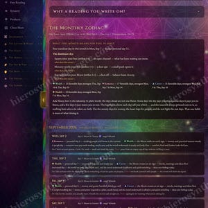 May include: A digital interface displaying a monthly zodiac calendar for September 2026. The layout features a dark purple background with text detailing daily astrological insights, planetary alignments, and personal growth guidance.