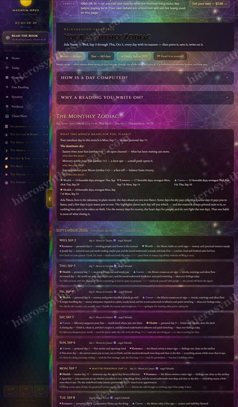 May include: A digital interface displaying a monthly zodiac calendar for September 2026. The layout features a dark purple background with text detailing daily astrological insights, planetary alignments, and personal growth guidance.