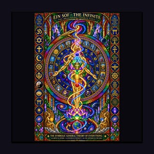 May include: A vibrant, stained-glass style illustration titled Ein Sof - The Infinite. It features a central figure with glowing chakras, surrounded by zodiac symbols, religious icons, and cosmic imagery. Text includes All Faiths One Truth.