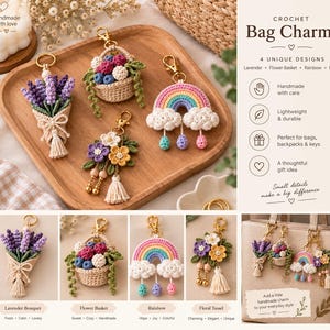 May include: Four crochet bag charms featuring a lavender bouquet, a flower basket, a rainbow with clouds and raindrops, and a floral tassel design. Each charm includes a gold-toned metal lobster clasp for attachment to bags, backpacks, or keys.