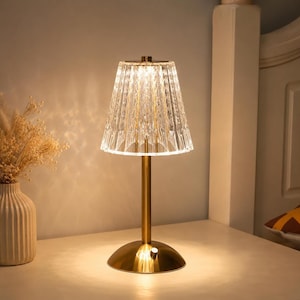Bedside Table Lamp | Gold Rechargeable Touch Dimmer, Crystal-Cut Shade