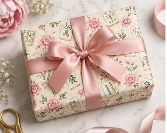 Pink Floral Mahjong Wrapping Paper, Game Night Gift Wrap (Printed to Order) 29' x 20'