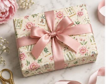 Pink Floral Mahjong Wrapping Paper, Game Night Gift Wrap (29" x 70")