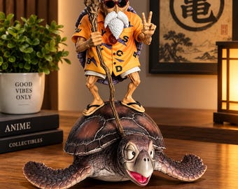 Puede incluir: Una figura del Maestro Roshi de pie sobre una gran tortuga marina. El personaje tiene la cabeza calva, barba blanca, gafas de sol y una camisa naranja con letras negras. Sostiene un bastón de madera y hace el signo de la paz.