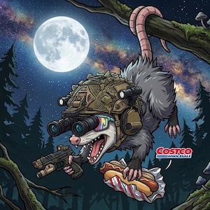 May include: A cartoon illustration of an opossum wearing a tactical helmet with night vision goggles and holding a handgun in one paw and a hot dog in a wrapper in the other. The image includes the Costco Wholesale logo against a night sky.
