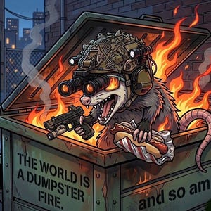 May include: A cartoon illustration of an opossum wearing a tactical helmet with night vision goggles, holding a handgun and a hot dog inside a burning dumpster. The dumpster features the text: THE WORLD IS A DUMPSTER FIRE. and so am I.