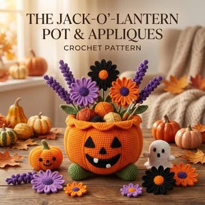 Maceta de ganchillo hecha a mano con forma de calabaza de Halloween y apliques de flores, decoración de mesa otoñal, regalos únicos de otoño