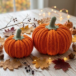 May include: Two crocheted pumpkins in vibrant orange yarn with textured vertical ribbing. Each pumpkin features a light green crocheted stem and a star-shaped base attached to the top, creating a soft, rounded appearance for seasonal decor.