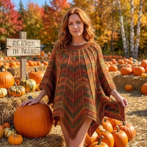 May include: A crochet poncho featuring a chevron pattern in autumn colors of orange, brown, and green. The garment has a round neckline and a pointed hemline, with vertical ribbed detailing radiating from the neck down to the bottom edge.