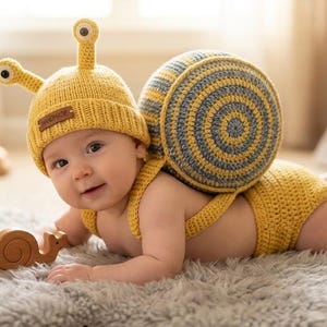 May include: A yellow crocheted snail costume consisting of a beanie with two stalk-like eyes, a matching diaper cover, and a large, circular, spiraled shell backpack featuring alternating yellow and gray stripes. A small wooden snail toy is included.