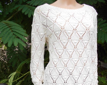 Fantastic Tommy Hilfiger Cosmic Latte White Color Popcorn/Diamond Style Knit Pullover Sweater, 100% Cotton, Women’s Size Medium