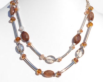 Chic Caramel Drizzle Colored Decorative Metallic Bead Crystal Beads 2-Strand Collar Necklace!