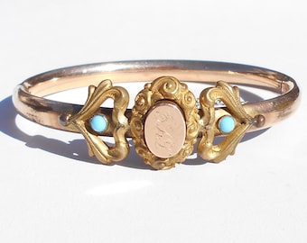 Late 1800's Antique Victorian Rose Gold Washed & Turquoise Cabochons Hinged Bracelet with Initials EKL!