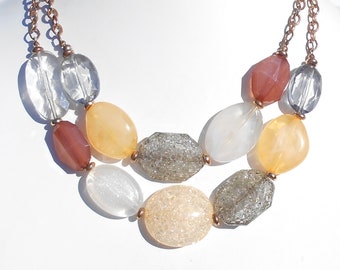 Fantastic Ripe Mango, Butter, Iced Pearl, Old Rose, & Silver Sand Colored Acrylic and Glitter Large Beaded 2-Stranded Necklace!