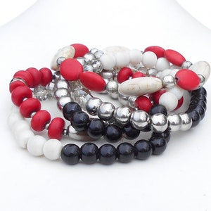 5 Clustered Permanent Geranium Red, Oyster White, & Zero Black Colored Crystal, Glass, Resin Beads with Rhinestone Spacer Stretch Bracelets