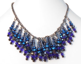 Striking Royal Azure & Phthalo Blue Crystal Beaded Bib Necklace that Catches the Light with Royal Purple Color Undertones!