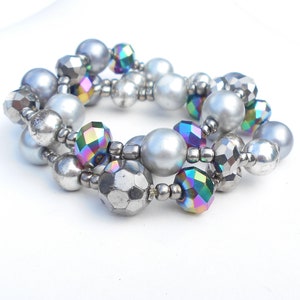 Silver colored Alloy Metal and Iridescent Crystal Beads Stretch 3 Single Stranded Bracelet