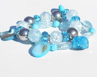 Bahama Ocean Aqua Marine Crystals & Shells, Crushed Ice Colored and Silver Alloy Beaded Bracelet!