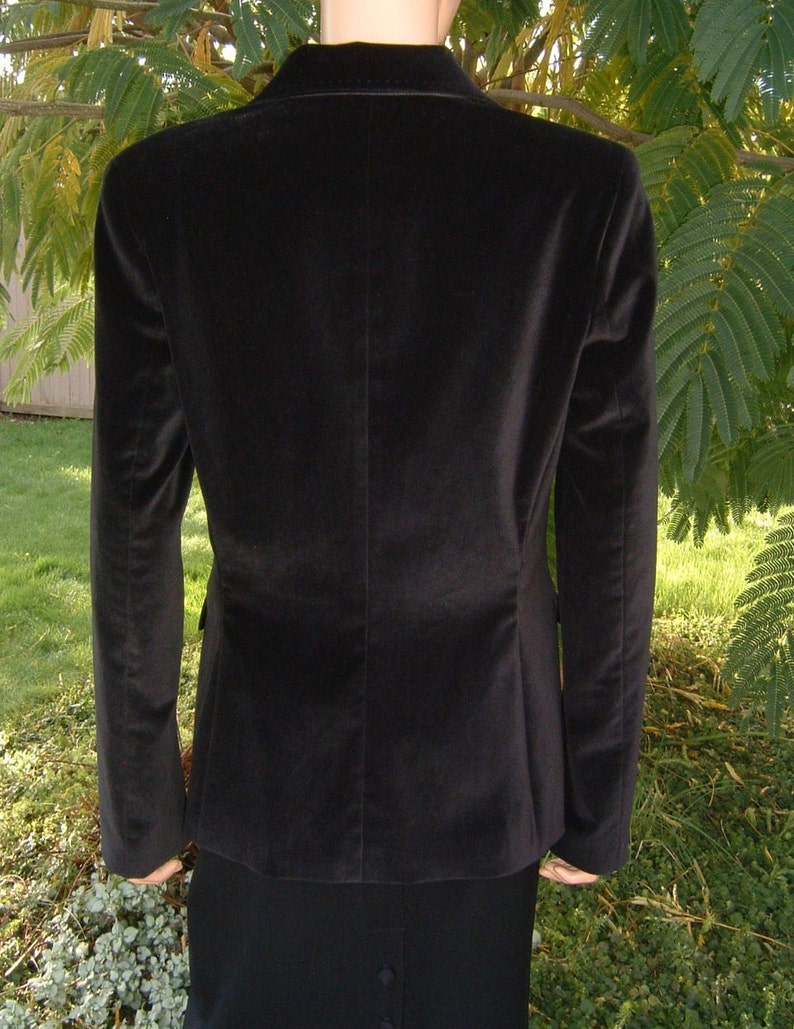 Designer TAHARI Black Cotton Velvet and Satin Single Breasted Jacket with Decorative Hand Stitched Collar Fully Lined Jacket Women's Size 8 image 2