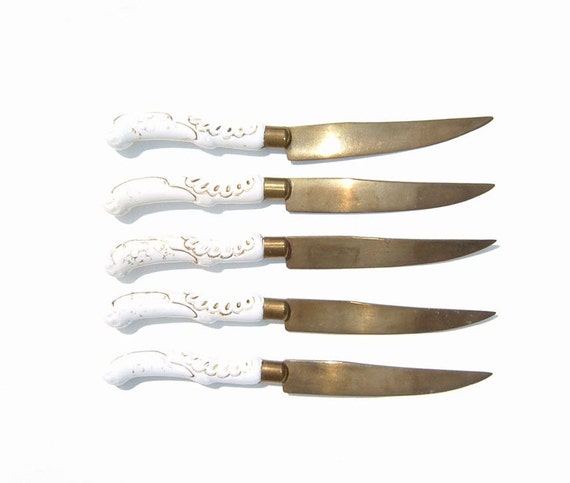 1800s Stahl-bronce Fruit Knives Delicate White Porcelain and Gold