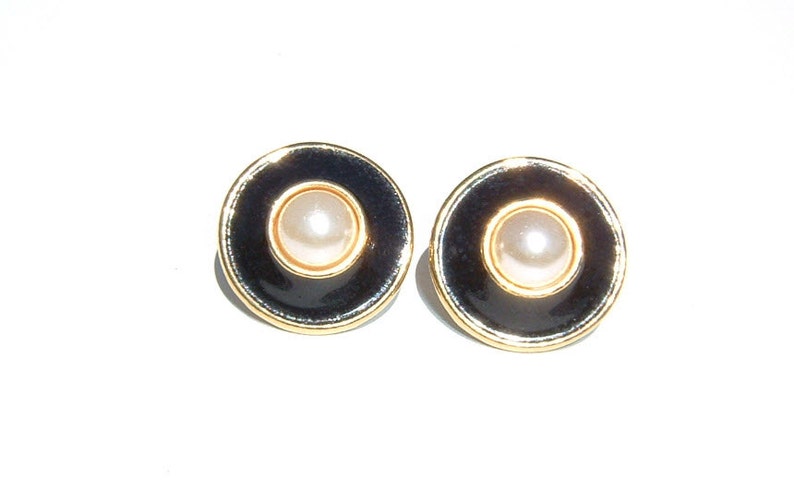 1970s Sophisticated Enamel and Faux Pearl Earrings image 1
