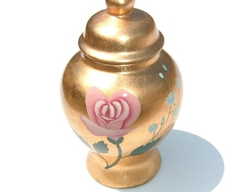 Rose and Baby Breath Hand Painted Gold Leaf Porcelain Vase with Lid