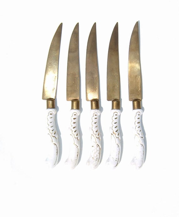 1800s Stahl-bronce Fruit Knives Delicate White Porcelain and Gold
