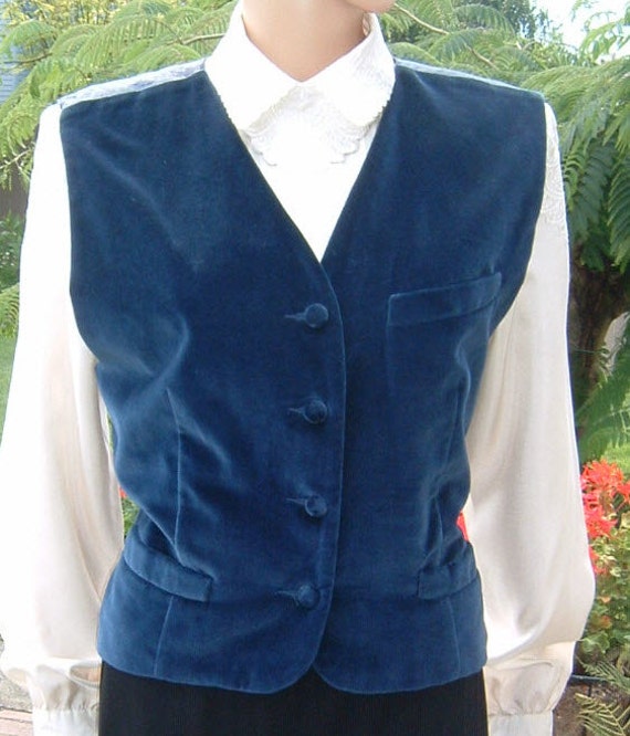 1980s Deep Catalina Blue Cotton Velvet Vest by Liz