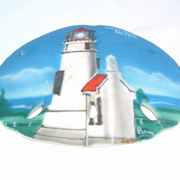 Giant Decorative Sand Dollar Hand Painted Light House Keepsake from Umpqua River, Oregon