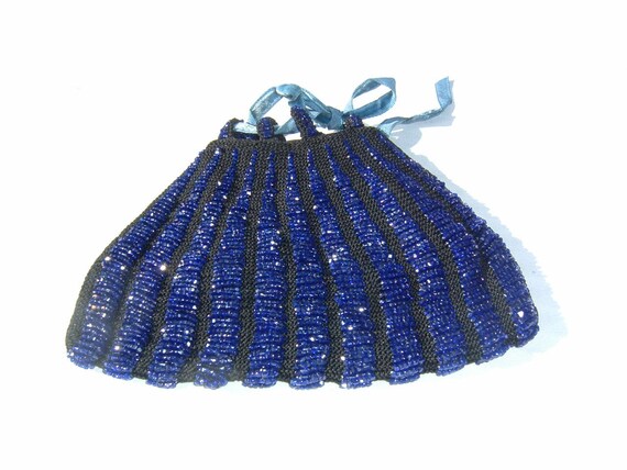 1920's Royal Azure Blue Glass Beaded and Black Cr… - image 2