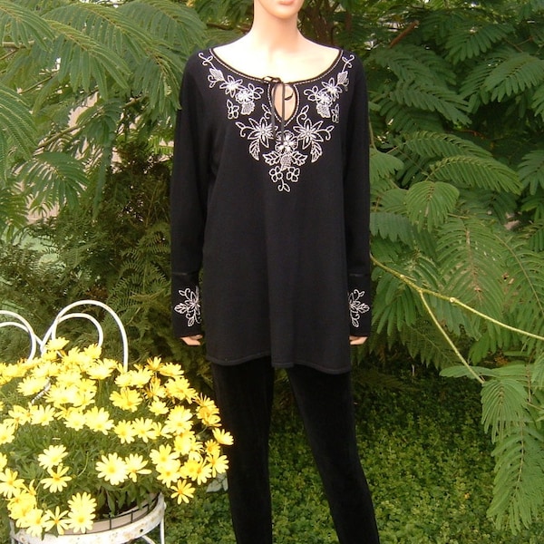 INC Int'l CONCEPTS Black Knit with Satin White Mist color Embroidered and Ribbon Tie Neck Tunic Top  Women's Size 2X 1990