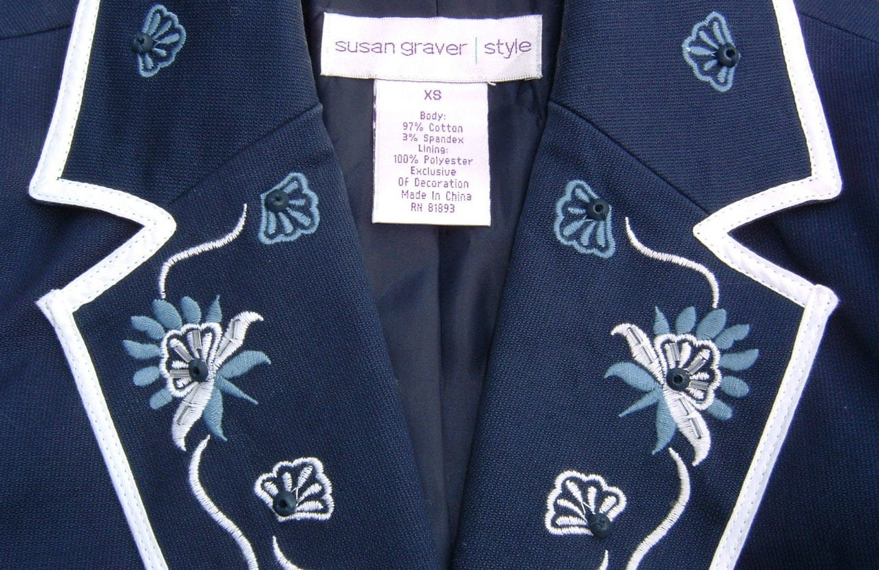 Designer Susan Graver Style Embroidered and Beaded Navy