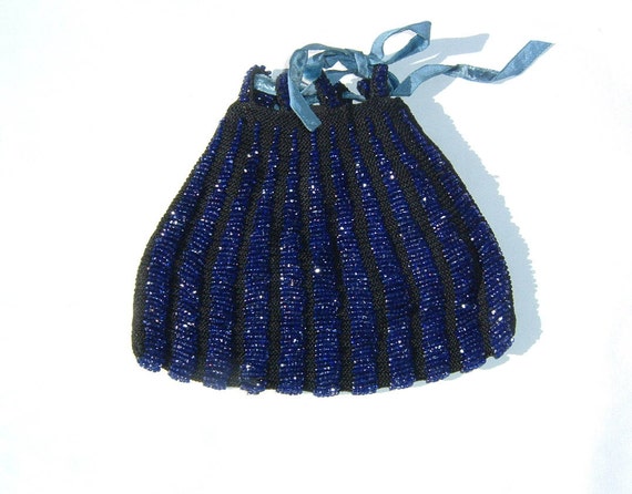 1920's Royal Azure Blue Glass Beaded and Black Cr… - image 3
