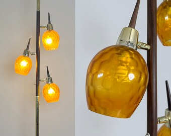 Vintage Mid Century Modern Tension Pole Lamp Amber Glass