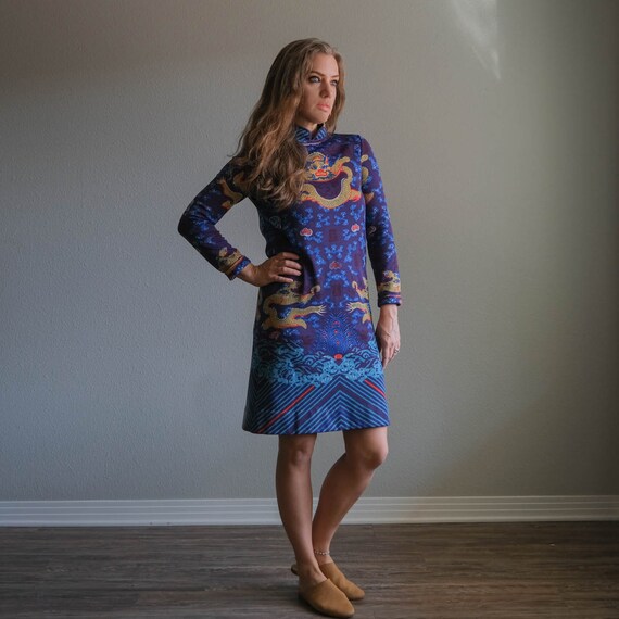 Vintage Blue Dragon Dress | Knee Length Mandarin C