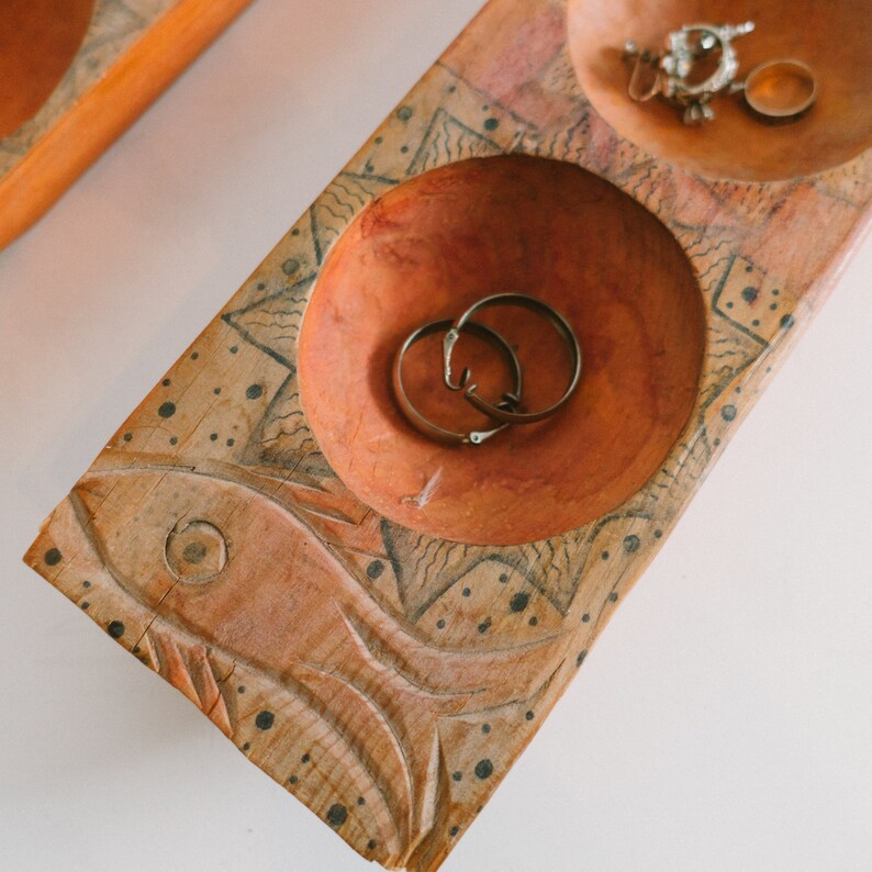 Vintage Carved Fish Divided Wooden Tray Image 0