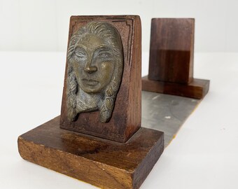 Vintage Mexican Bronze Portrait Bookend Book Rack