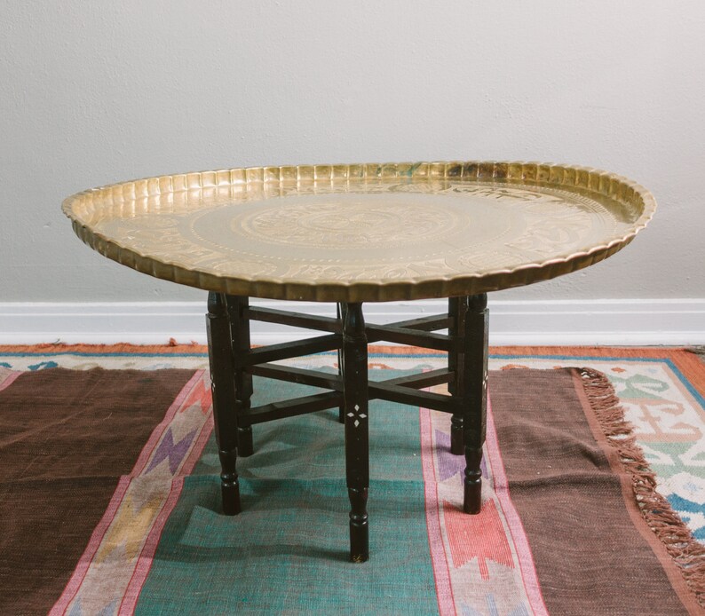 Vintage 30 Brass Moroccan Tray Table With Folding Legs