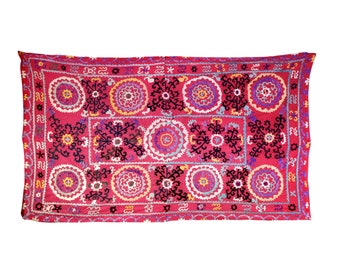 Vintage 9 Ft Uzbek Suzani Textile Wall Hanging | Raspberry Embroidered Bedspread