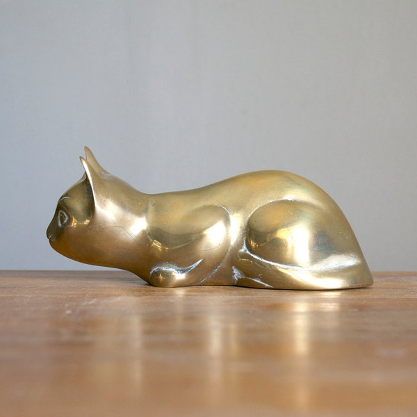 Vintage Brass Crouching Cat Figurine