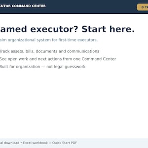 Planilha para Executor de Herança | Organizador Pós-Morte e Lista de Verificação para Executor | Modelo em Excel para Controle de Ativos, Dívidas e Inventário