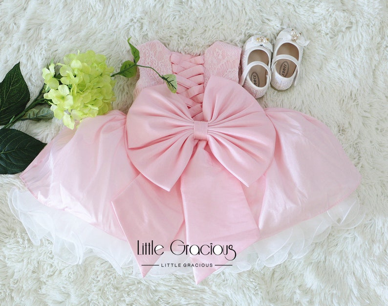 Toddlers Easter Dress Baby TuTu Dress Infant Pageant Dress Pink Tie-Back Baby Birthday Dress PD074-2