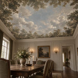 May include: A dining room featuring a ceiling mural of a cloudy blue sky framed by dark green tree canopies. The room includes a wooden dining table, upholstered chairs, a floral centerpiece, wall sconces, and a framed landscape painting.